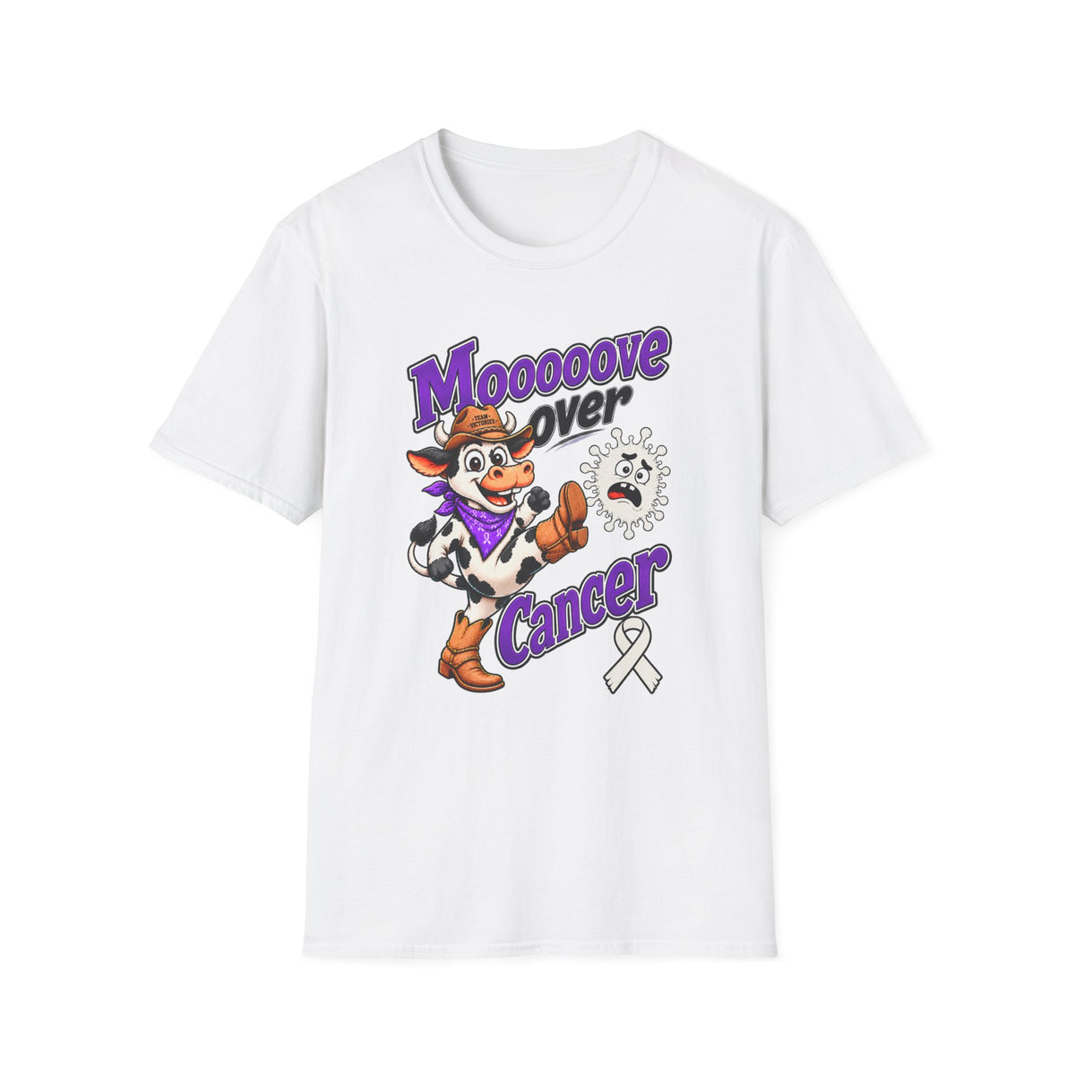 White Moooove Over Cancer T-shirt with cow artwork and Lung Cancer awareness ribbon