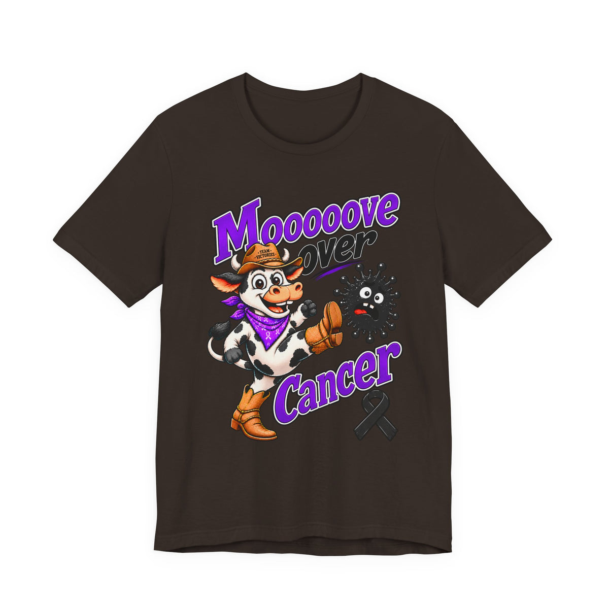 Brown Moooove Over Cancer crew-neck T-shirt with colorful cow graphic