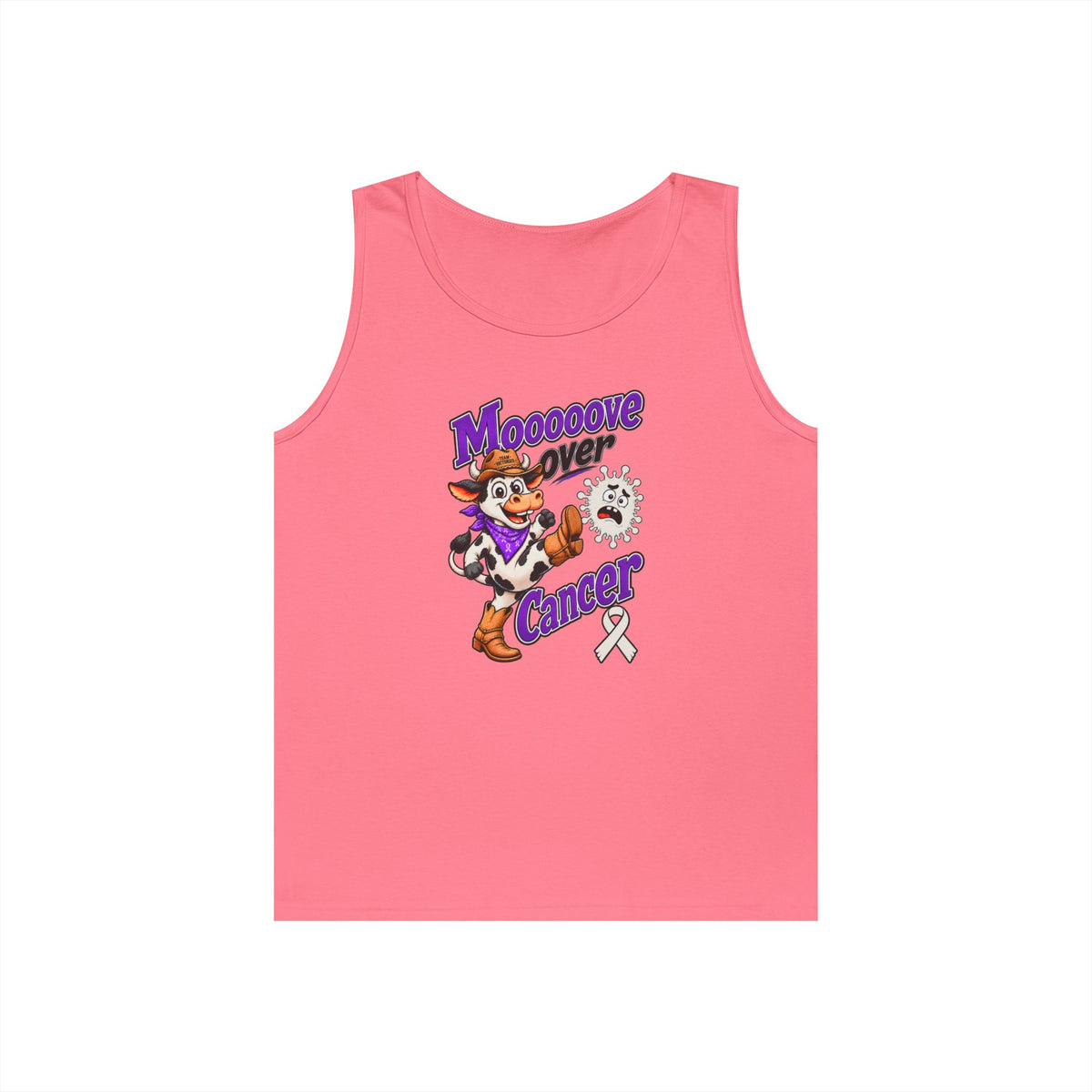 Moooove Over Cancer tank top with Lung Cancer awareness ribbon in pink