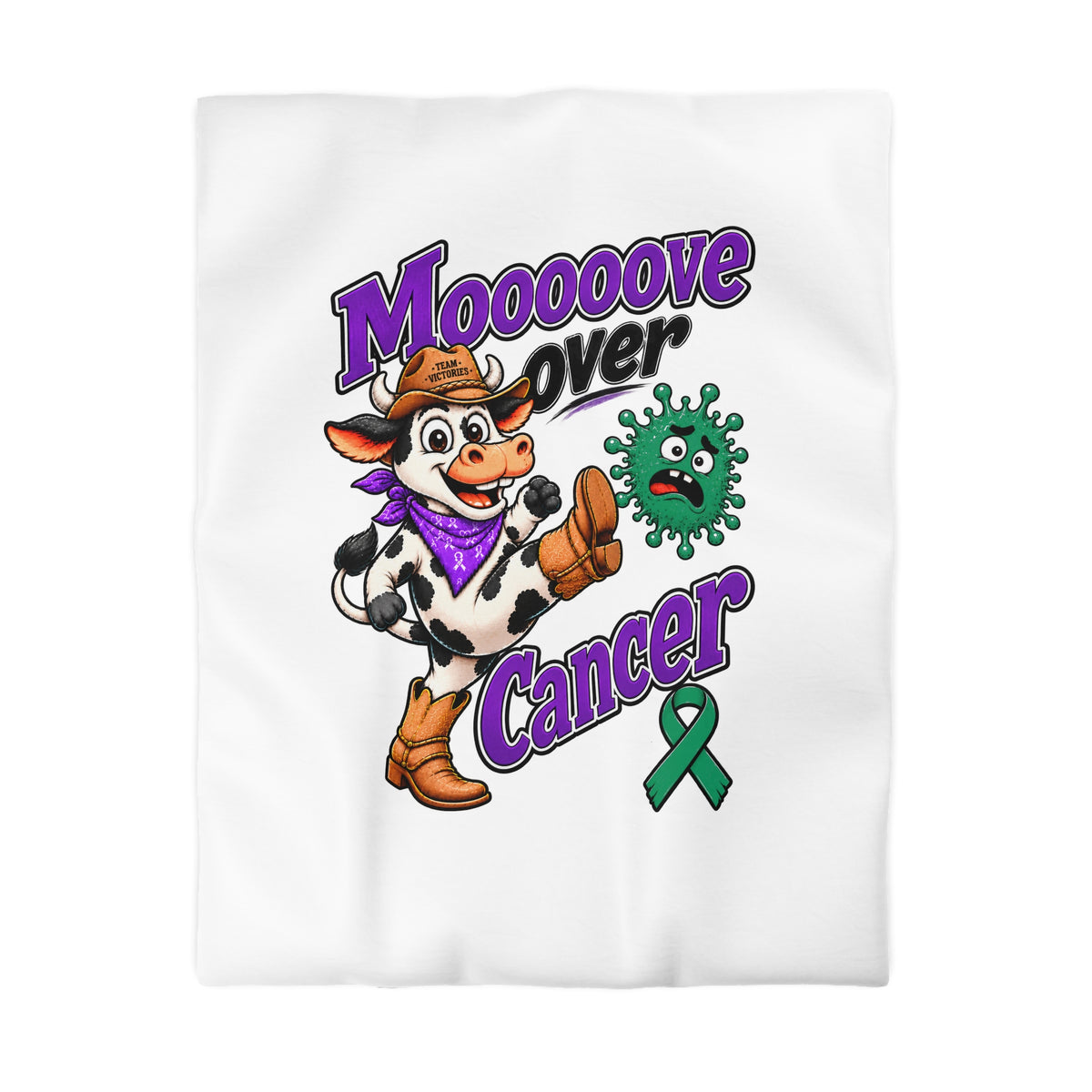 White Moooove Over Cancer duvet cover featuring a green Liver Cancer awareness ribbon