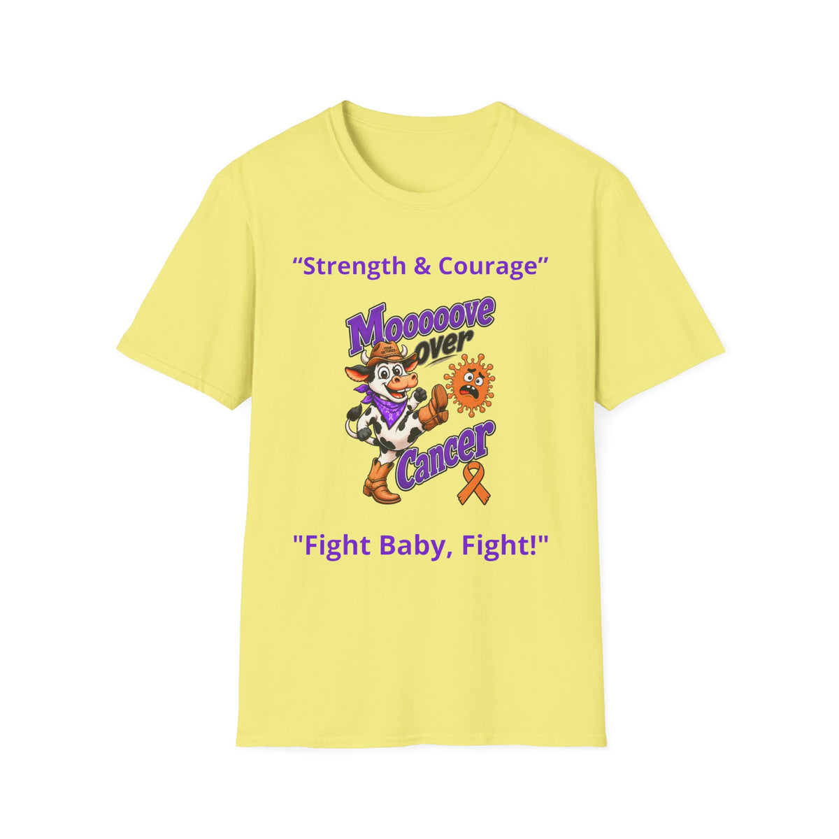 Yellow Moooove Over Cancer T-shirt featuring Strength & Courage and Leukemia/Kidney Cancer awareness ribbon