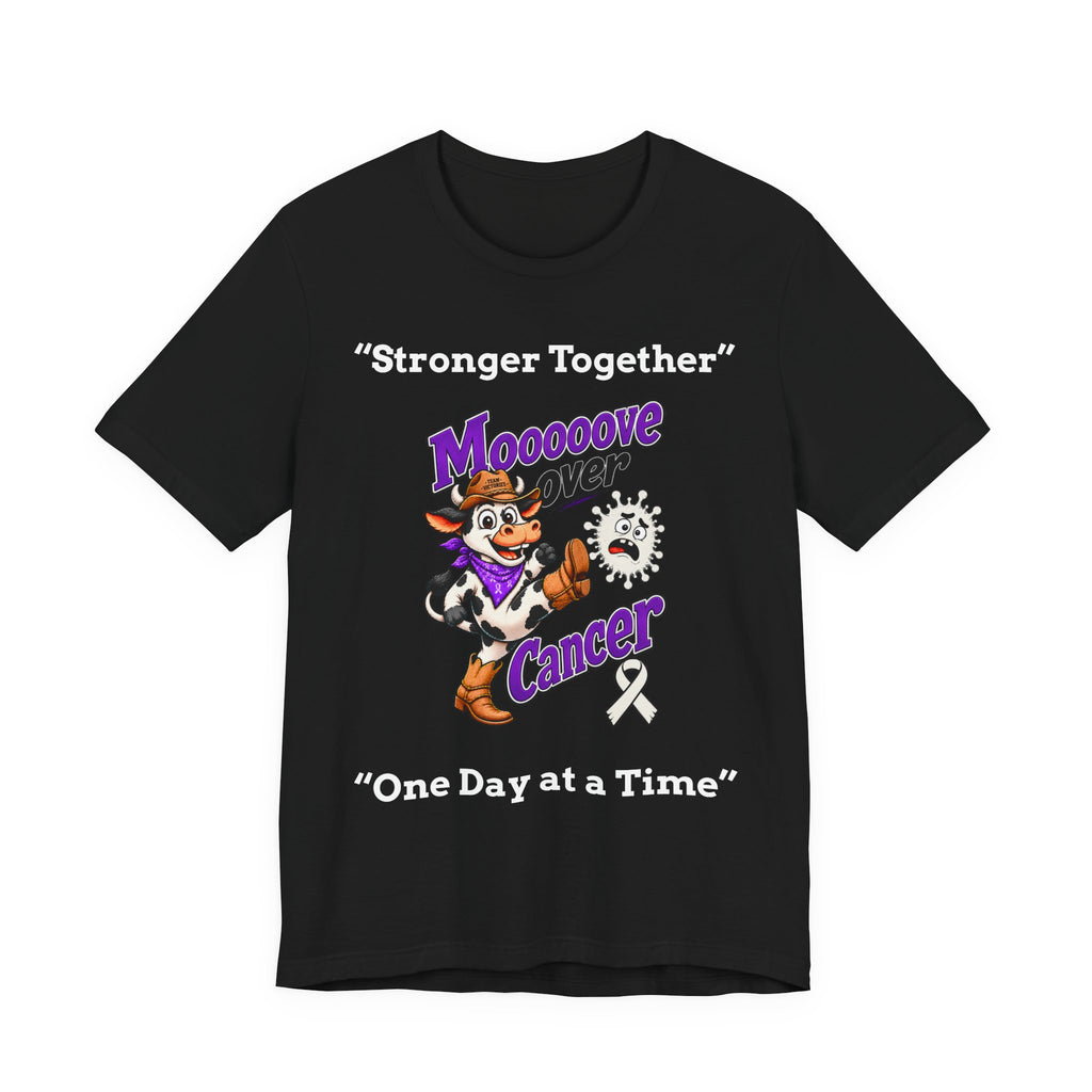Black Moooove Over Cancer t-shirt featuring purple lettering and a cancer-awareness ribbon