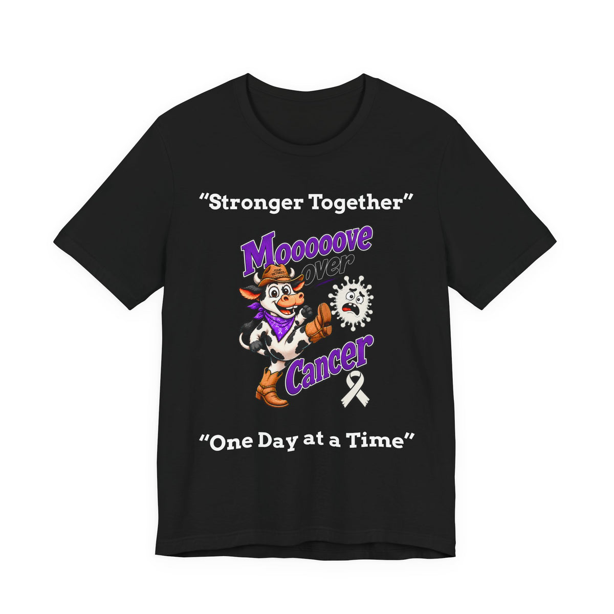 Black Moooove Over Cancer t-shirt featuring purple lettering and a cancer-awareness ribbon