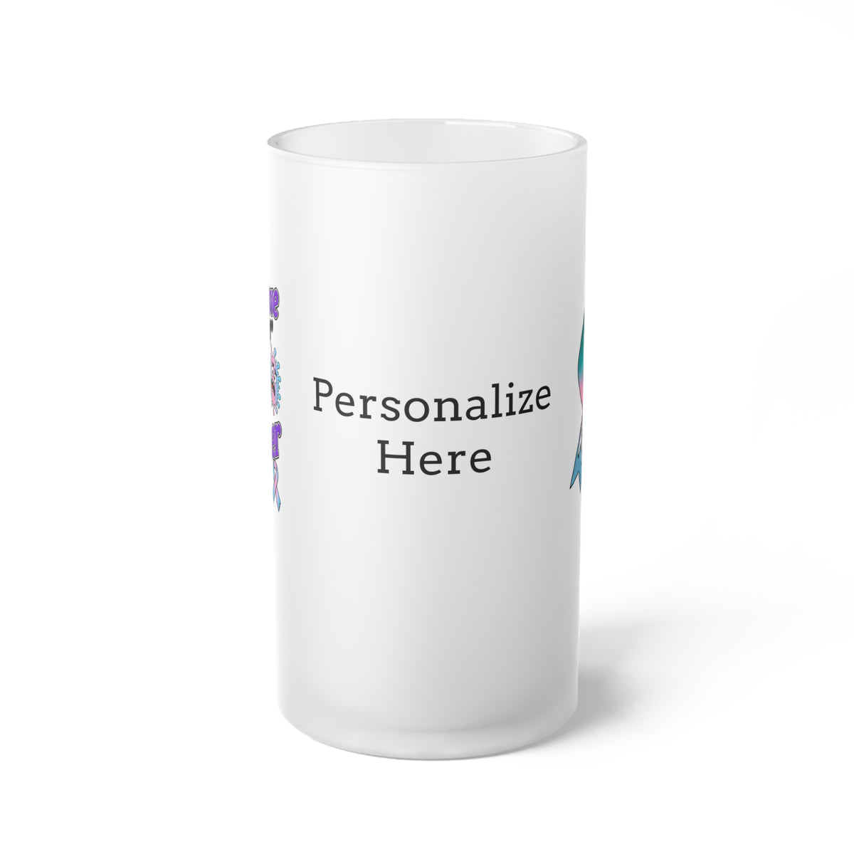 Side view of Moooove Over Cancer frosted glass mug with custom personalization area