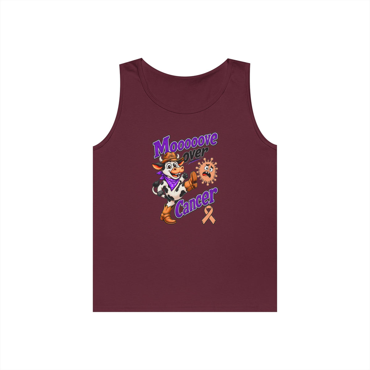 Maroon Moooove Over Cancer tank top with cow artwork and Uterine Cancer awareness ribbon