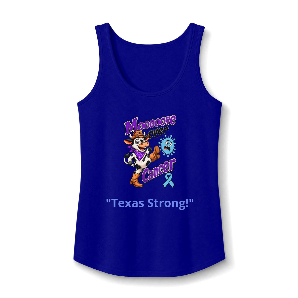 Moooove Over Cancer Texas Strong tank top in blue with a Prostate Cancer awareness ribbon