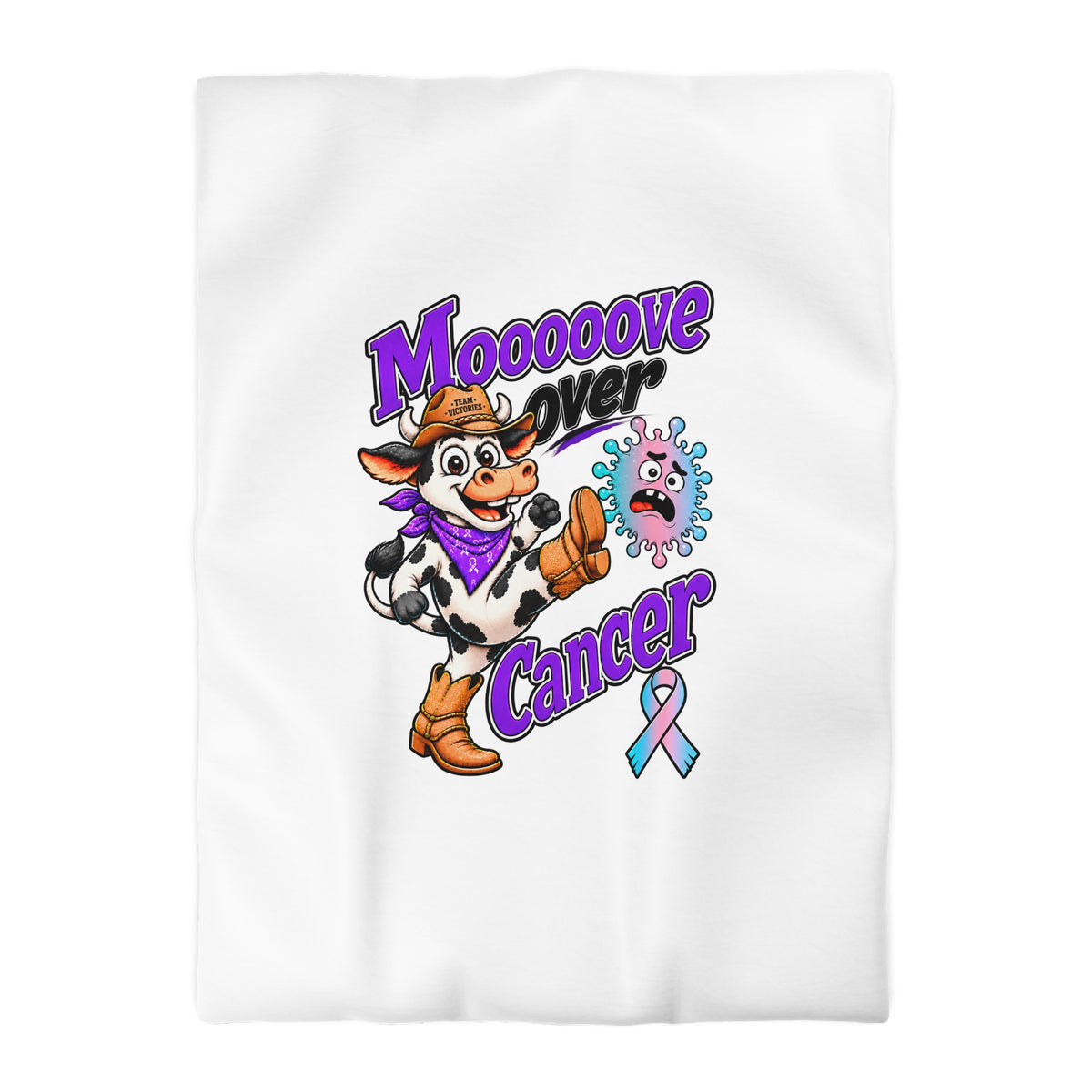 Vertical Moooove Over Cancer microfiber duvet cover with Thyroid Cancer awareness ribbon artwork