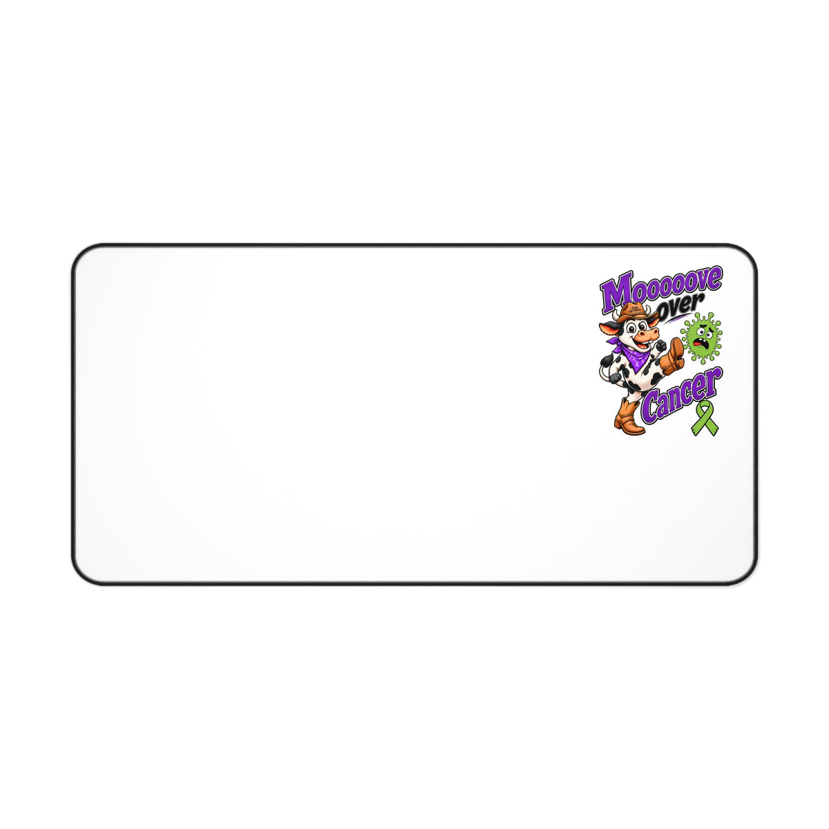Moooove Over Cancer desk mat showing cow artwork and Non-Hodgkin/Lymphoma Cancer awareness ribbon