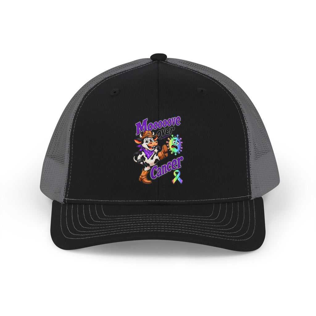 Black Moooove Over Cancer trucker cap with cow character and colorful awareness ribbon