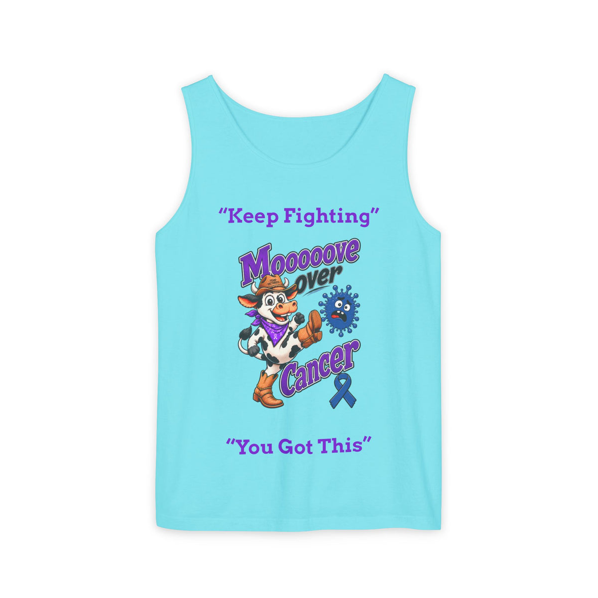 Turquoise Moooove Over Cancer tank top featuring a Colon Cancer awareness ribbon graphic