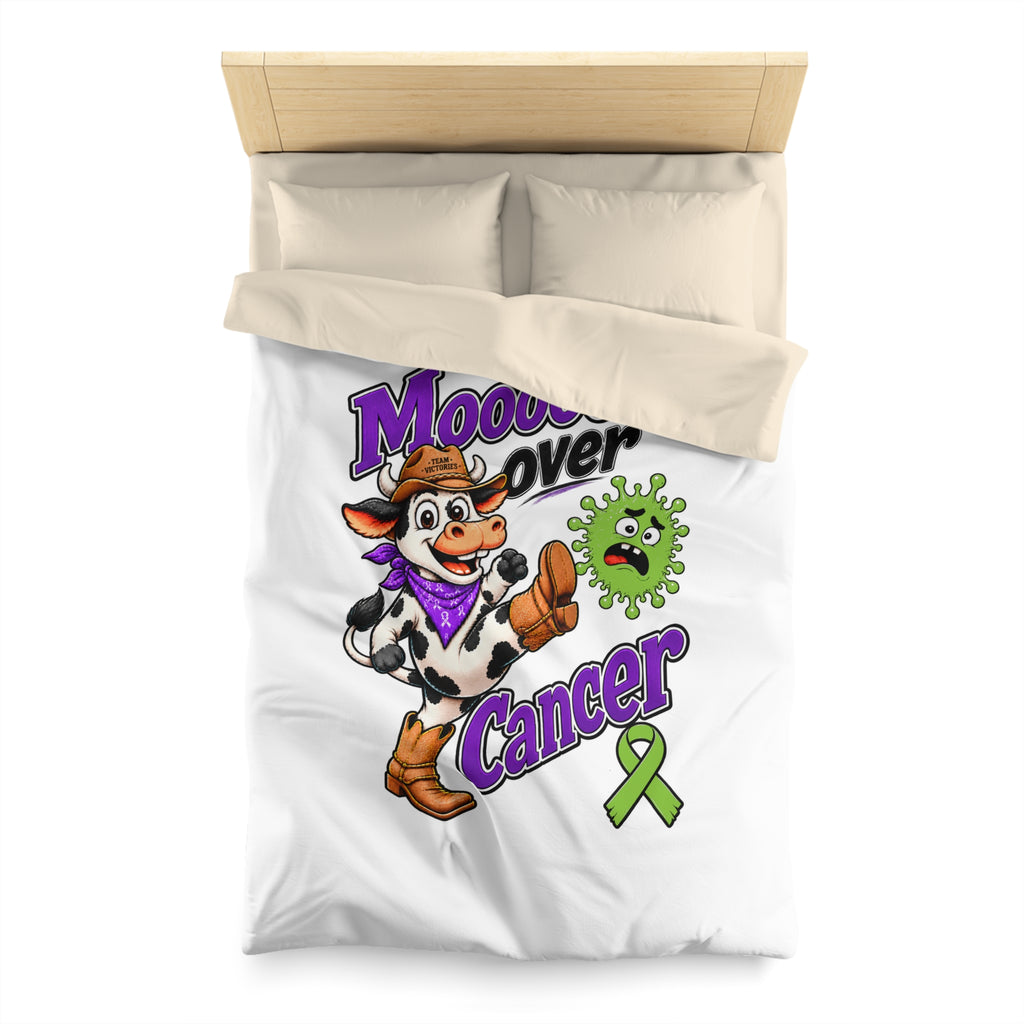 Bedroom view of Moooove Over Cancer duvet cover with Non-Hodgkin/Lymphoma awareness ribbon