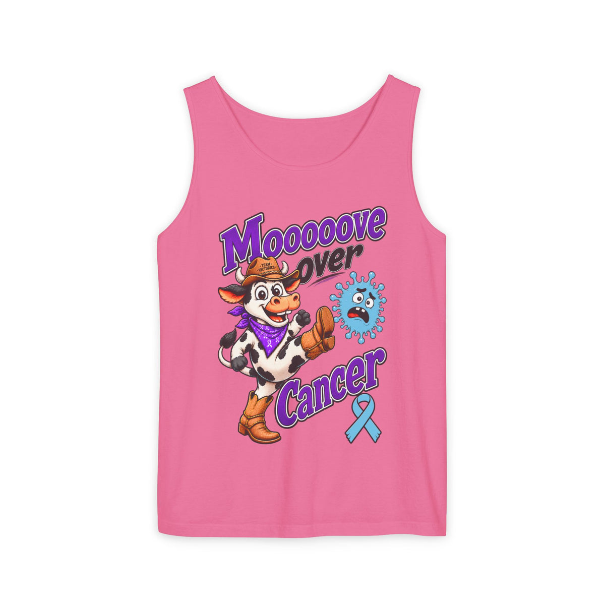 Woman wearing the white Moooove Over Cancer tank top with Prostate Cancer awareness ribbon