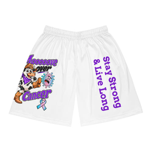 Moooove Over Cancer basketball shorts with cow artwork, awareness ribbon, and Stay Strong & Live Long text