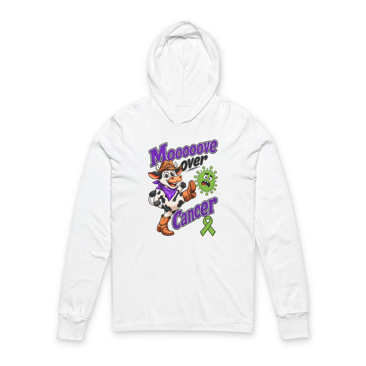 Moooove Over Cancer hooded long-sleeve tee with Non-Hodgkin/Lymphoma Cancer awareness ribbon, front view
