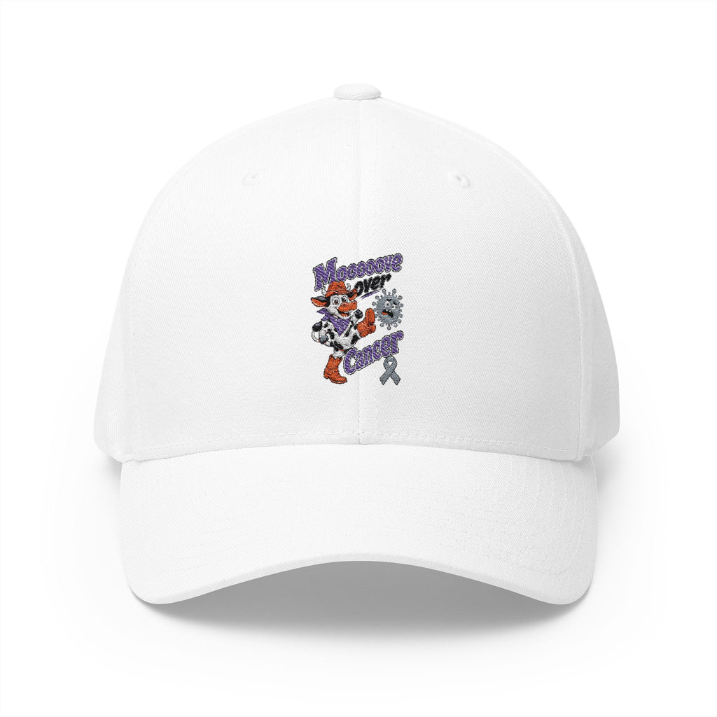 White Moooove Over Cancer embroidered cap with colorful front artwork