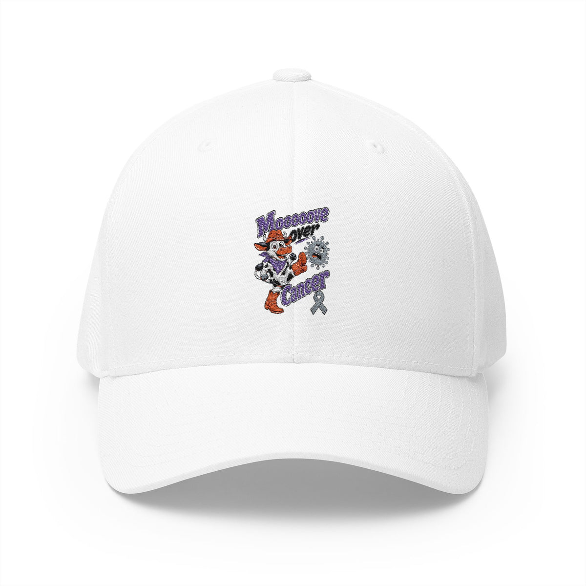 White Moooove Over Cancer embroidered cap with colorful front artwork