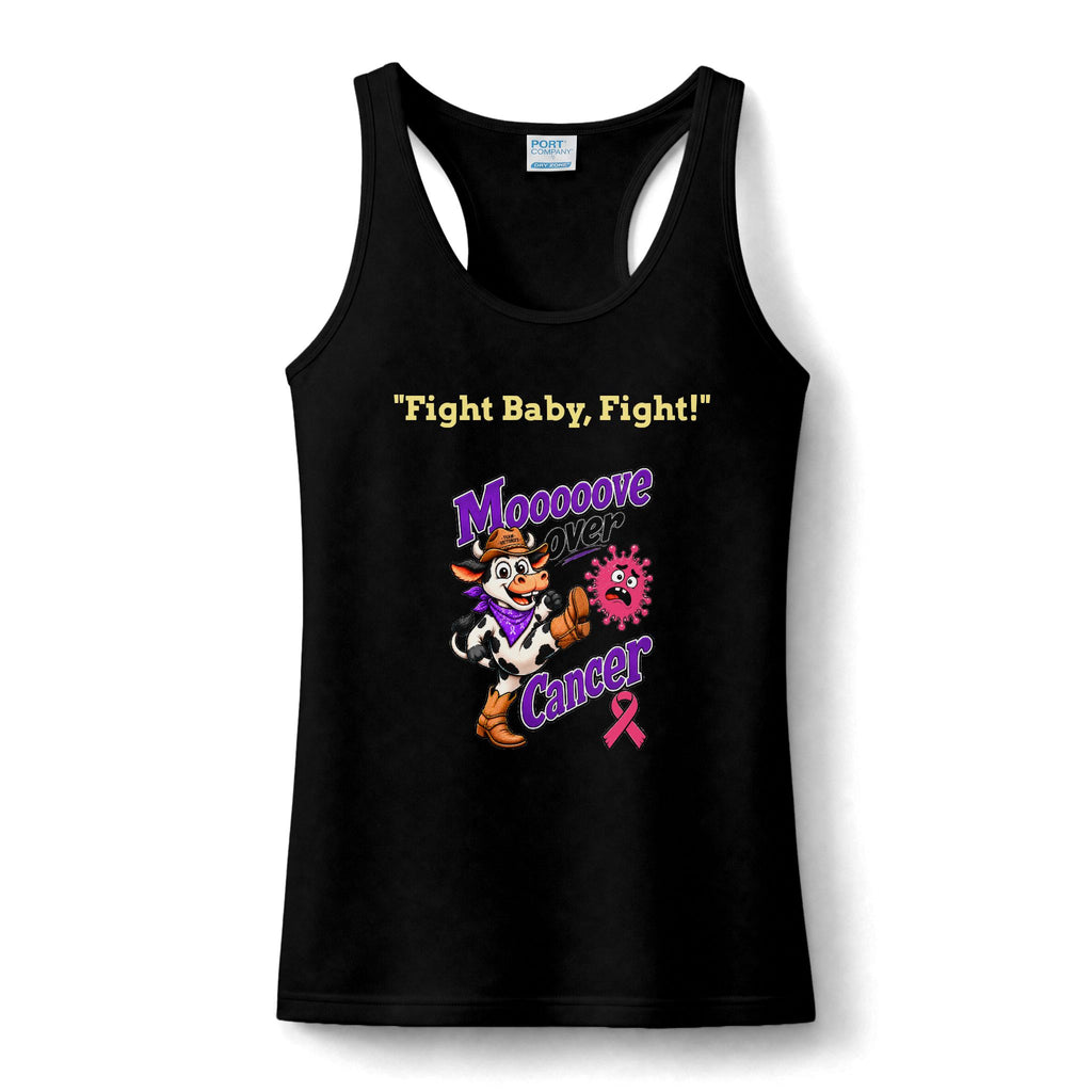 Moooove Over Cancer women's performance tank top with Breast Cancer awareness ribbon, black front view