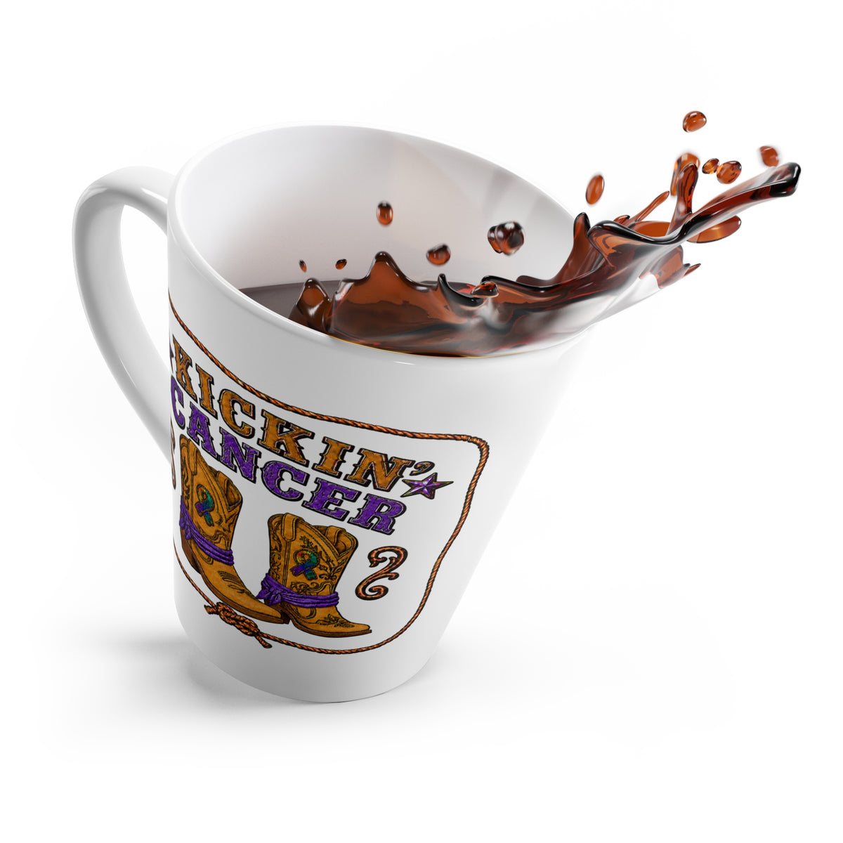 Kickin' Cancer latte mug with cowboy boot artwork shown with a coffee splash