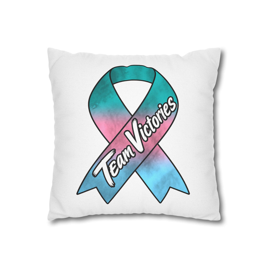 Moooove Over Cancer pillowcase styled on a sofa with cow artwork and Thyroid Cancer awareness ribbon