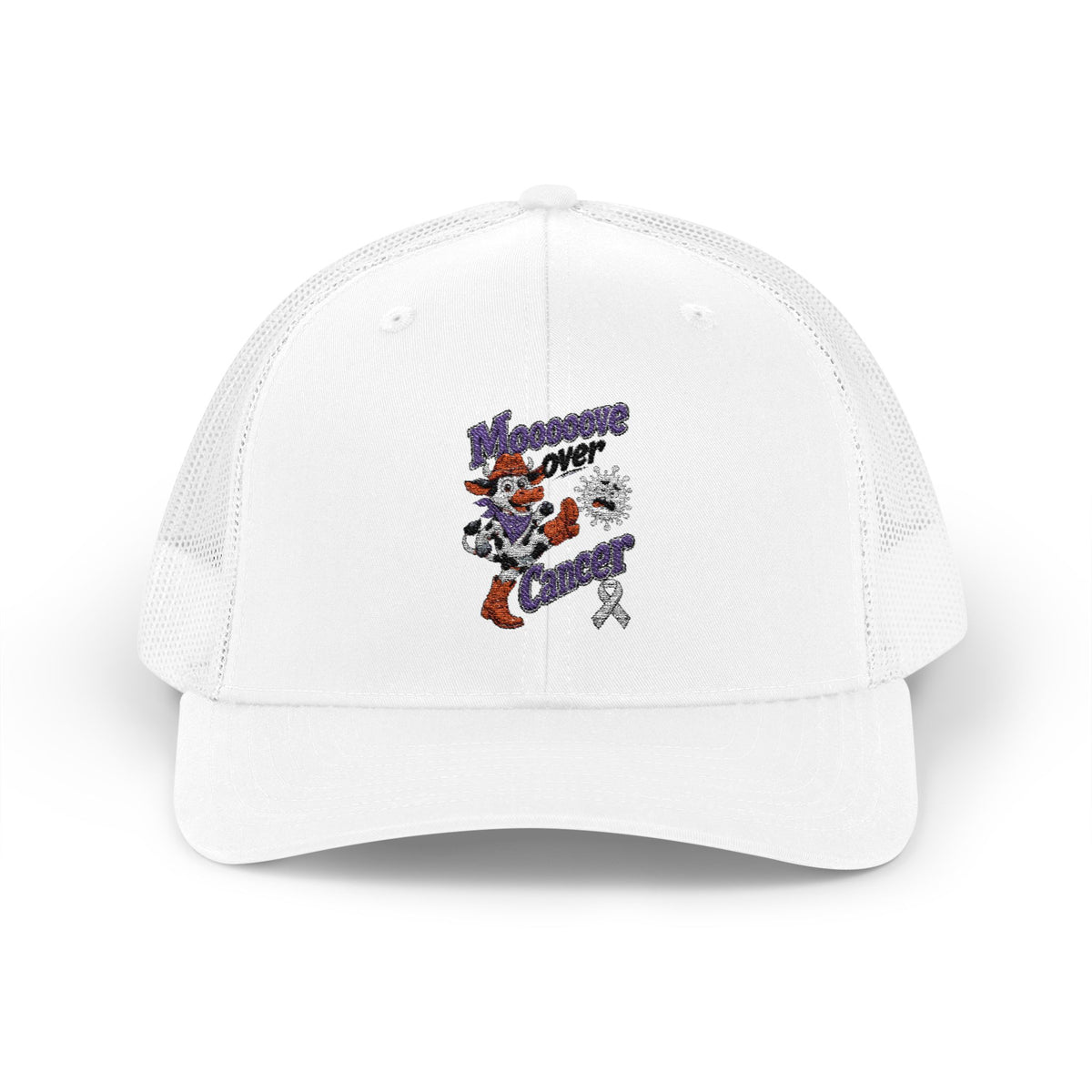 Moooove Over Cancer trucker hat with Lung Cancer awareness ribbon worn from the front
