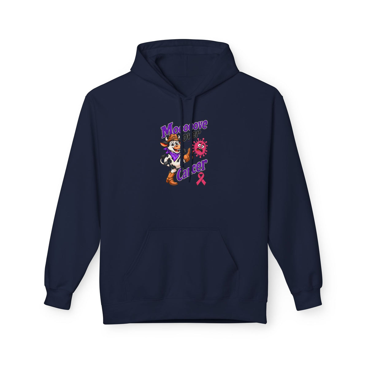 Navy Moooove Over Cancer hoodie featuring a Breast Cancer awareness ribbon