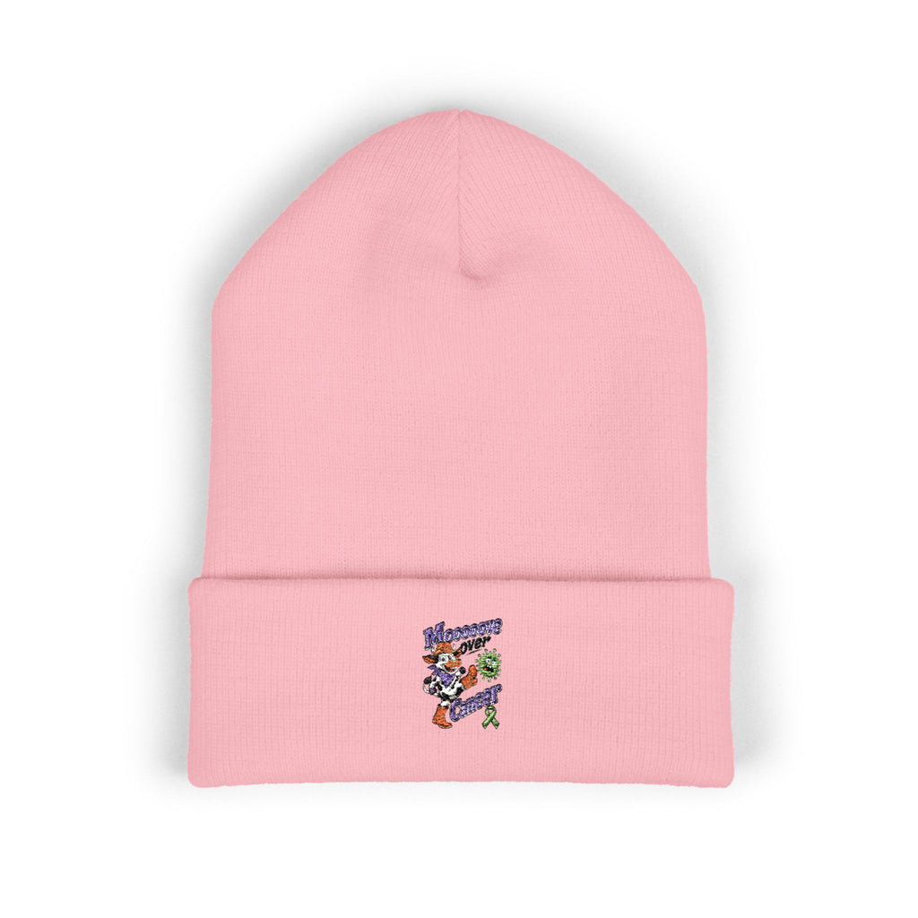 Pink cuffed beanie with embroidered Moooove Over Cancer artwork