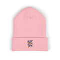 Pink cuffed beanie with embroidered Moooove Over Cancer artwork