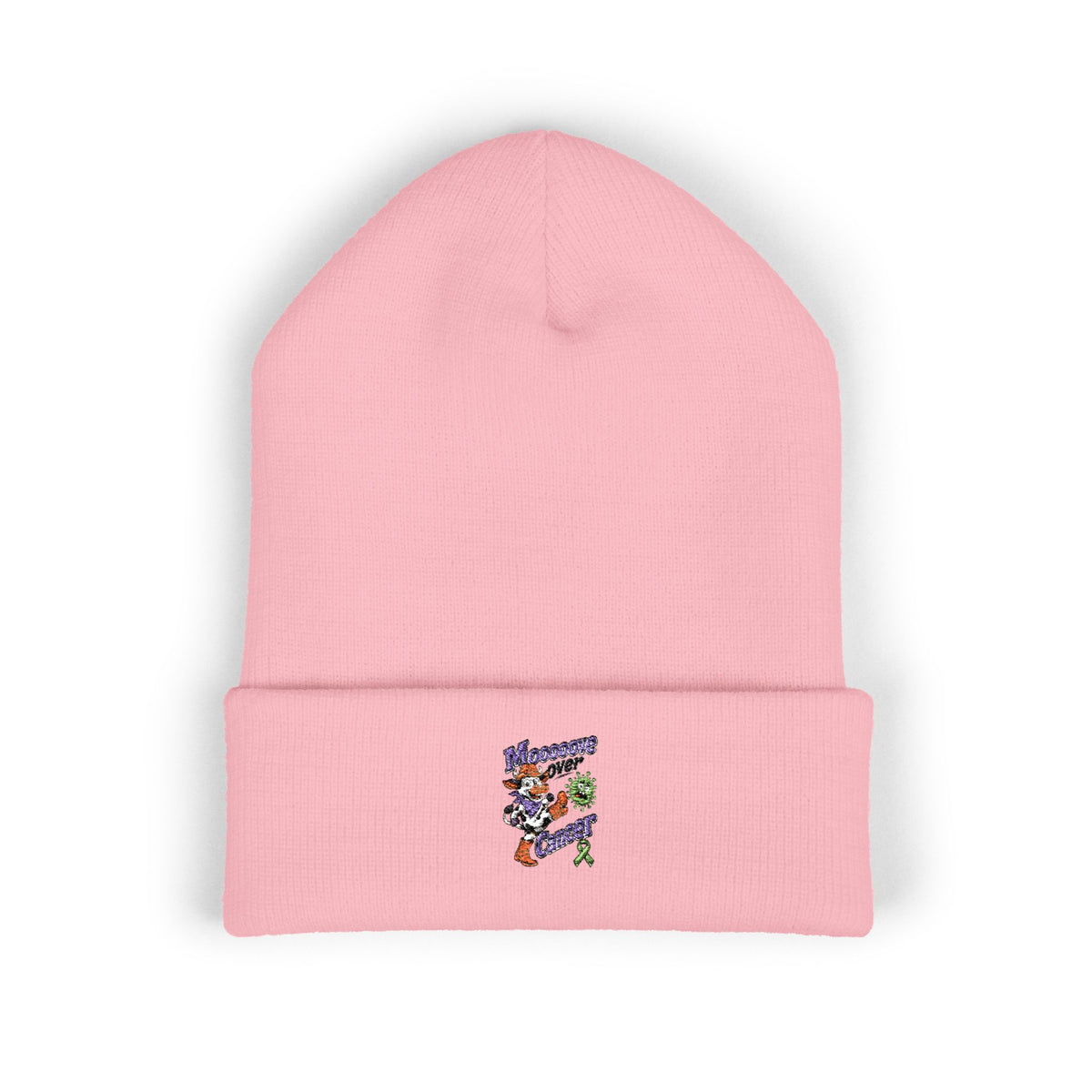 Pink cuffed beanie with embroidered Moooove Over Cancer artwork