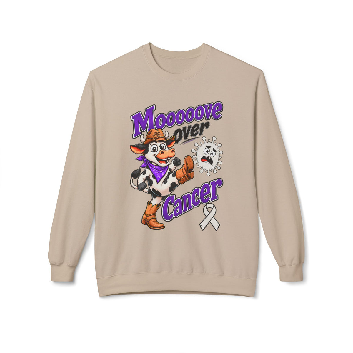 Woman wearing Moooove Over Cancer sweatshirt with Lung Cancer awareness ribbon graphic