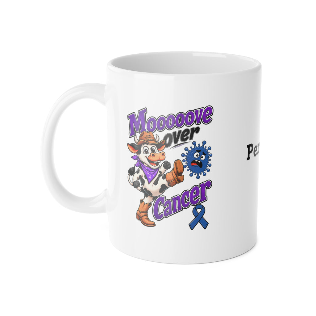 Moooove Over Cancer ceramic mug with colorful cow artwork and blue ribbon