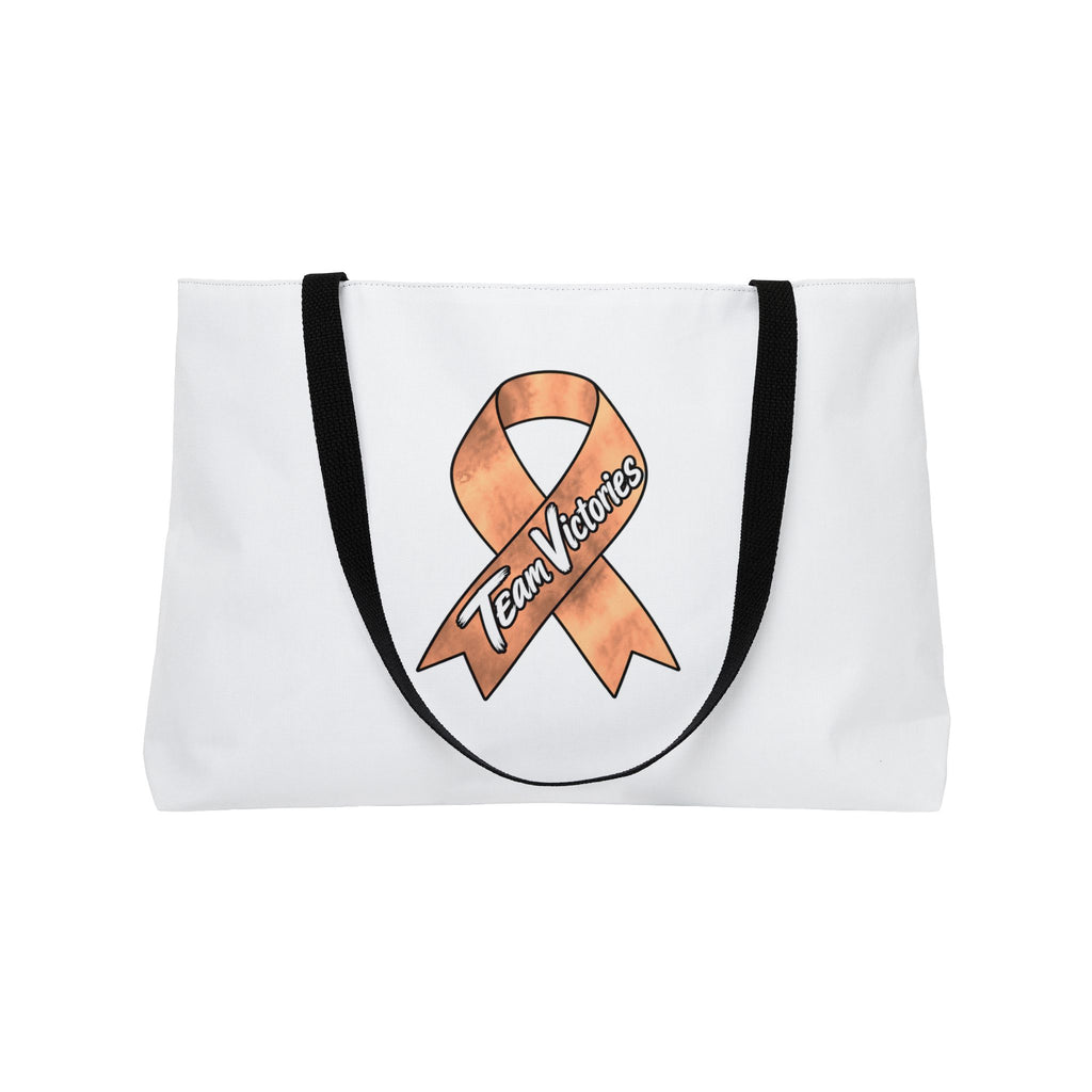 White Team Victories awareness ribbon weekender tote bag with black handles