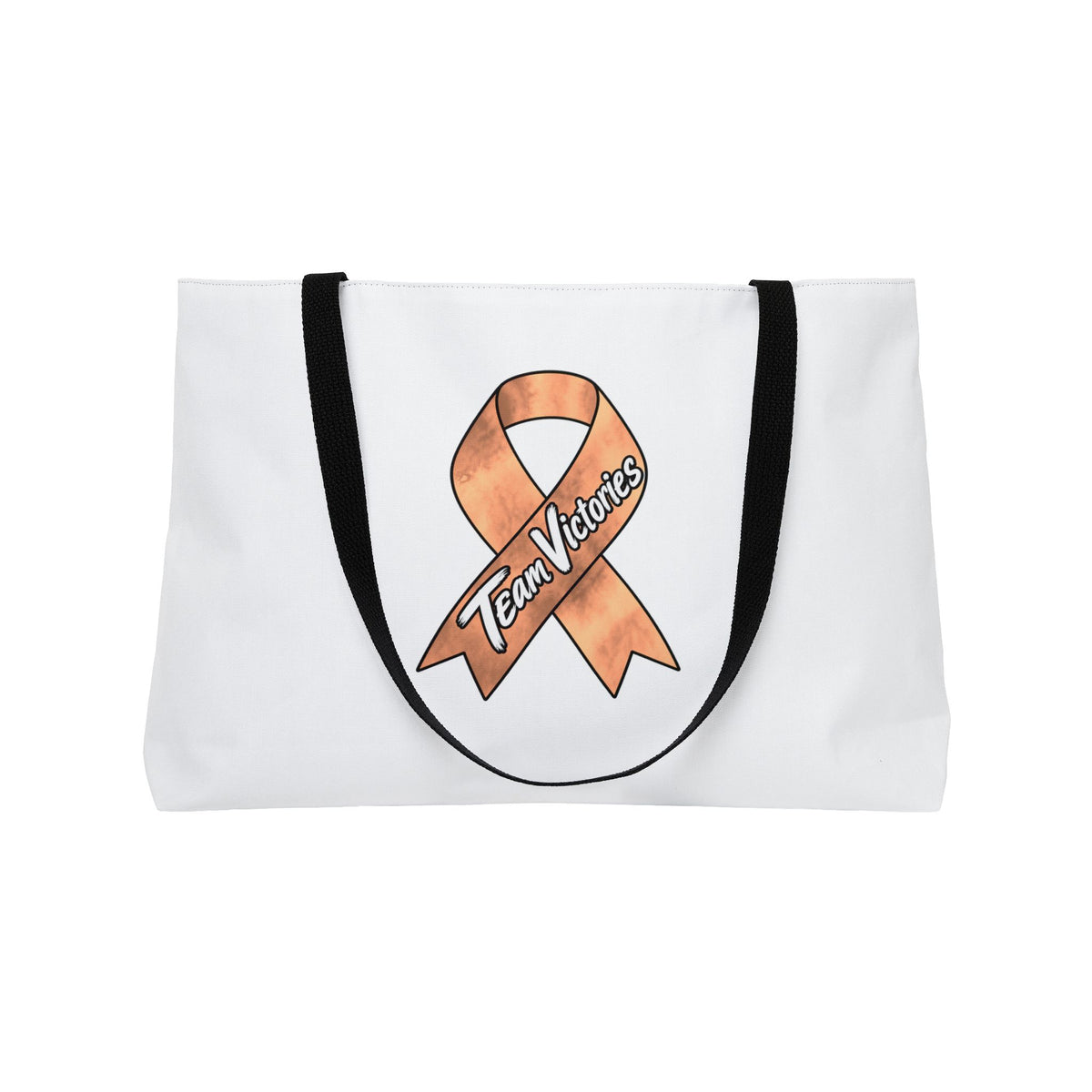 White Team Victories awareness ribbon weekender tote bag with black handles