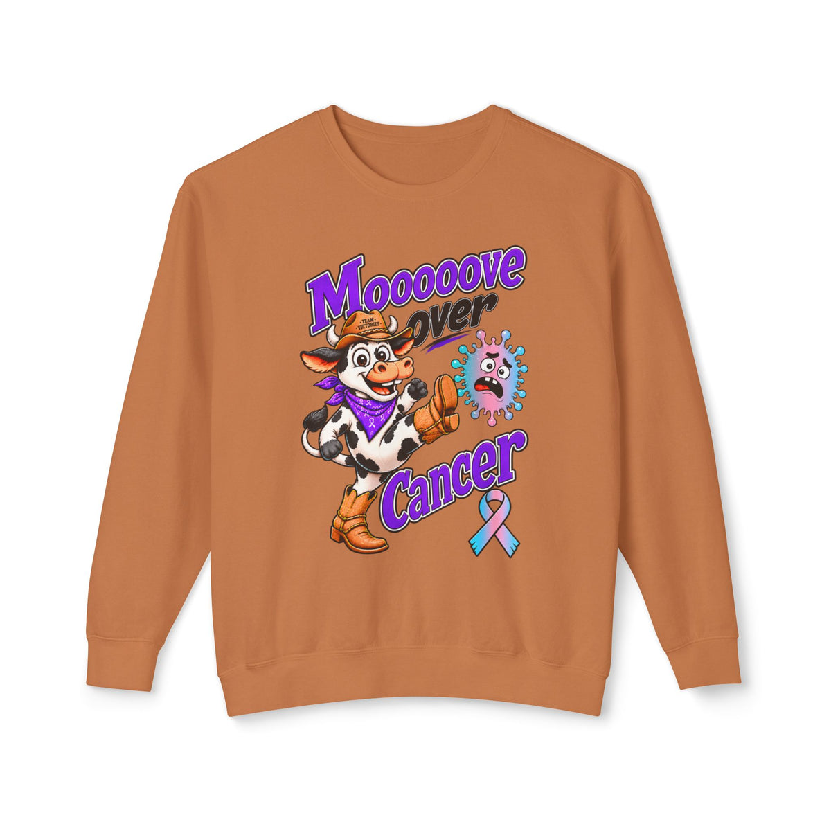 Moooove Over Cancer brown sweatshirt with cow artwork and Thyroid Cancer awareness ribbon