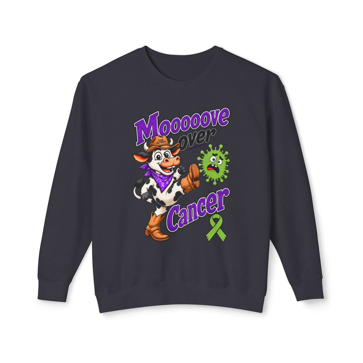Moooove Over Cancer crewneck sweatshirt in black with cow artwork and Non-Hodgkin/Lymphoma Cancer awareness ribbon