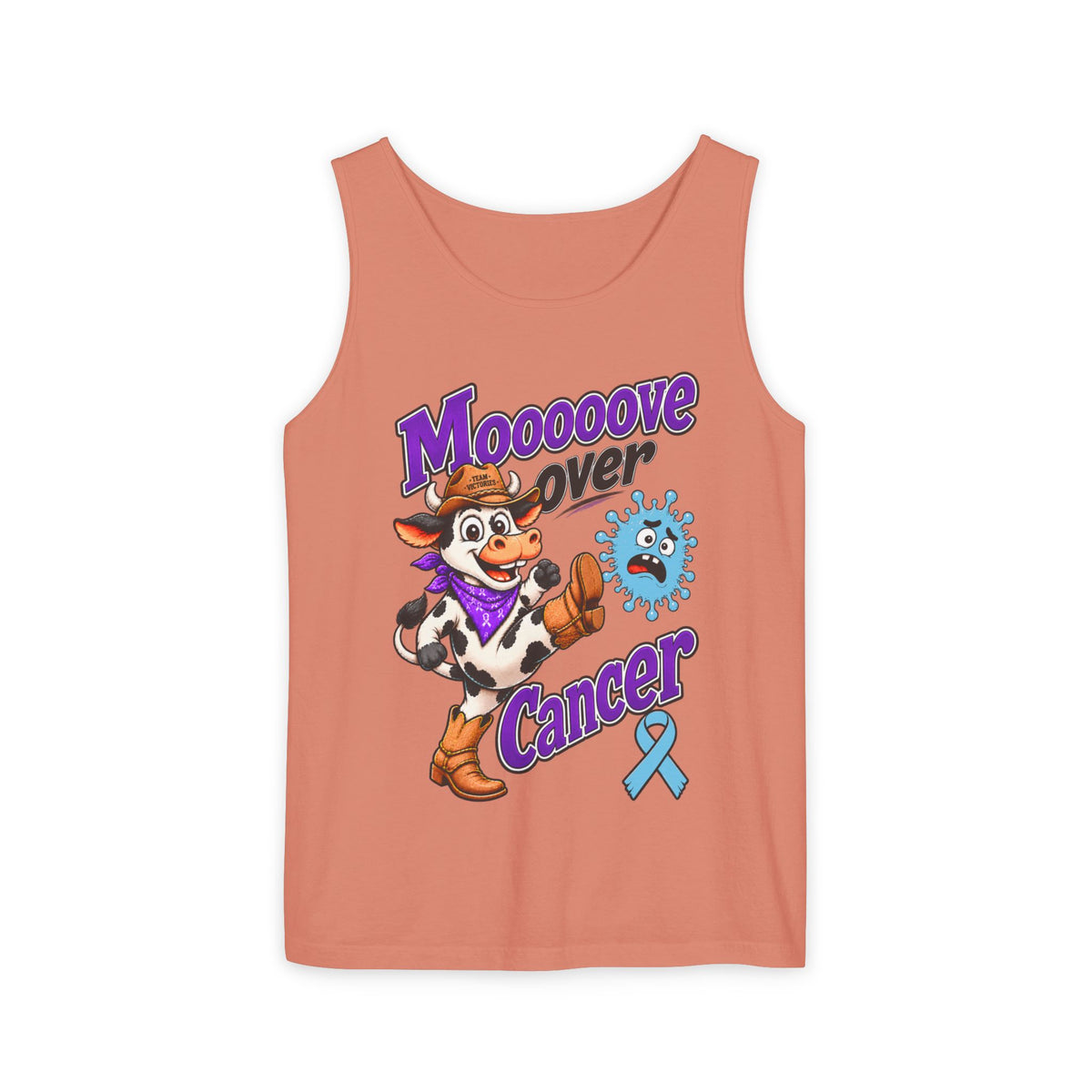 Moooove Over Cancer tank top in coral with cow design and blue Prostate Cancer awareness ribbon