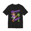 Moooove Over Cancer cow and green ribbon graphic on a black crew-neck T-shirt