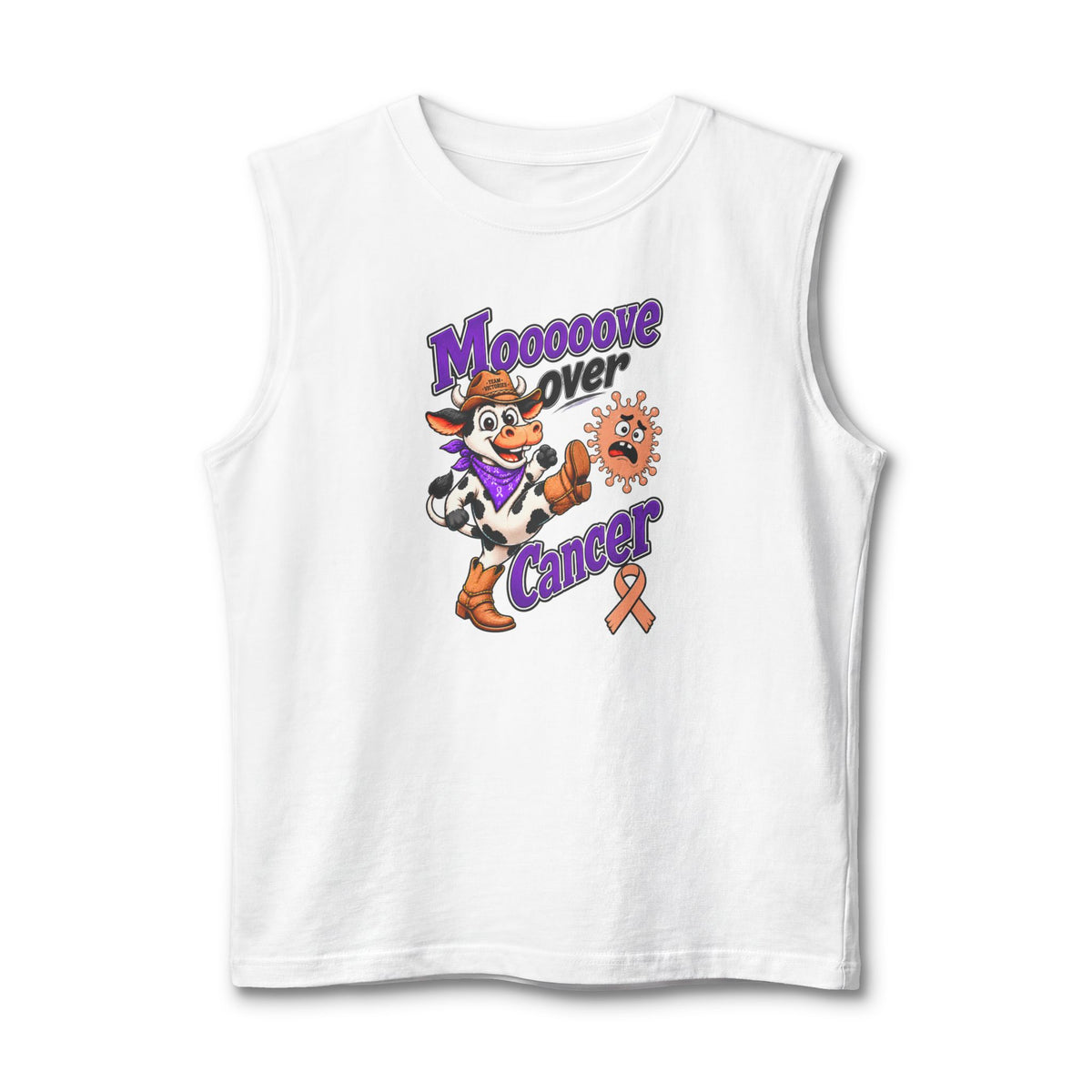 White Moooove Over Cancer tank top with cowgirl design and Uterine Cancer awareness ribbon
