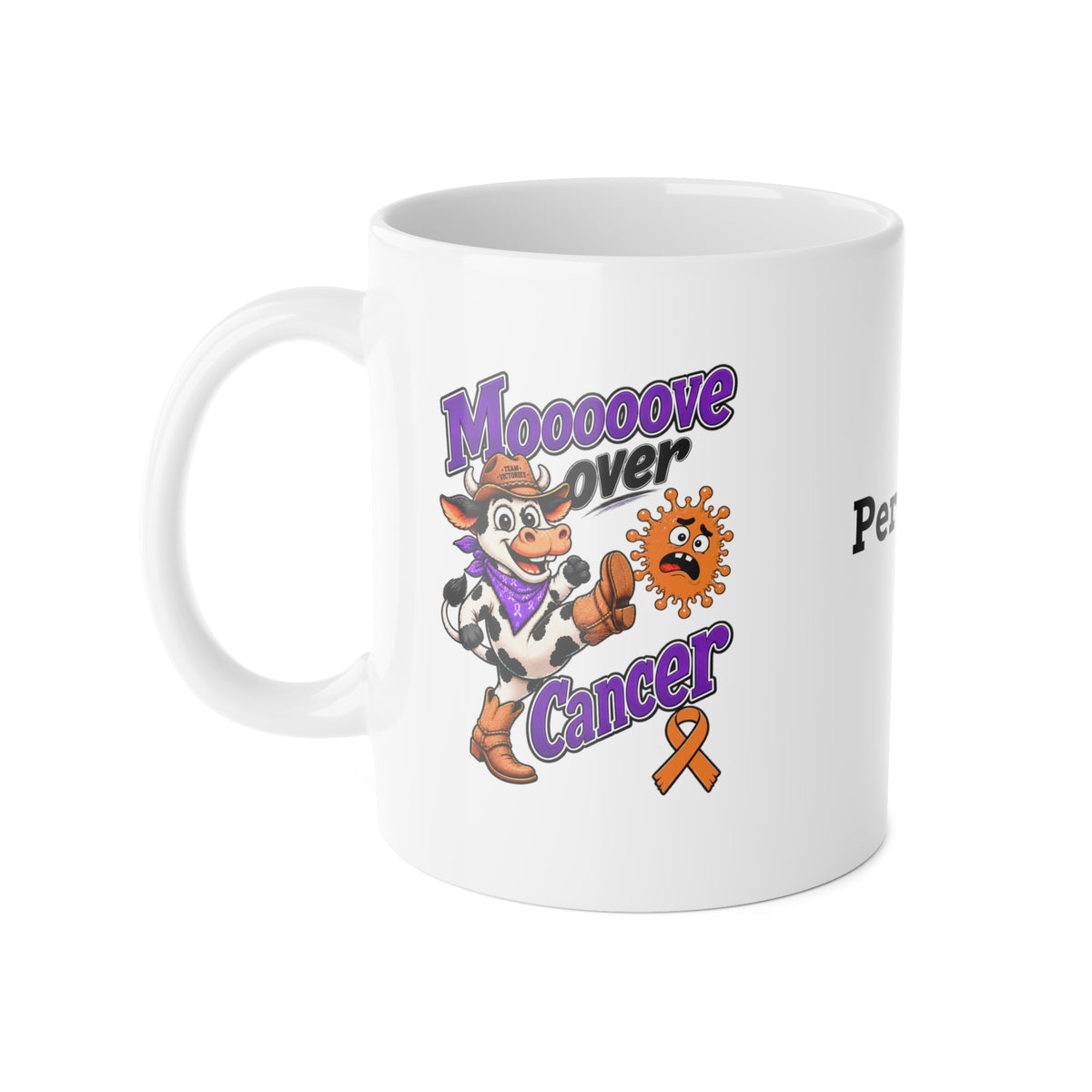 Moooove Over Cancer mug with cow artwork and orange awareness ribbon, left-side view
