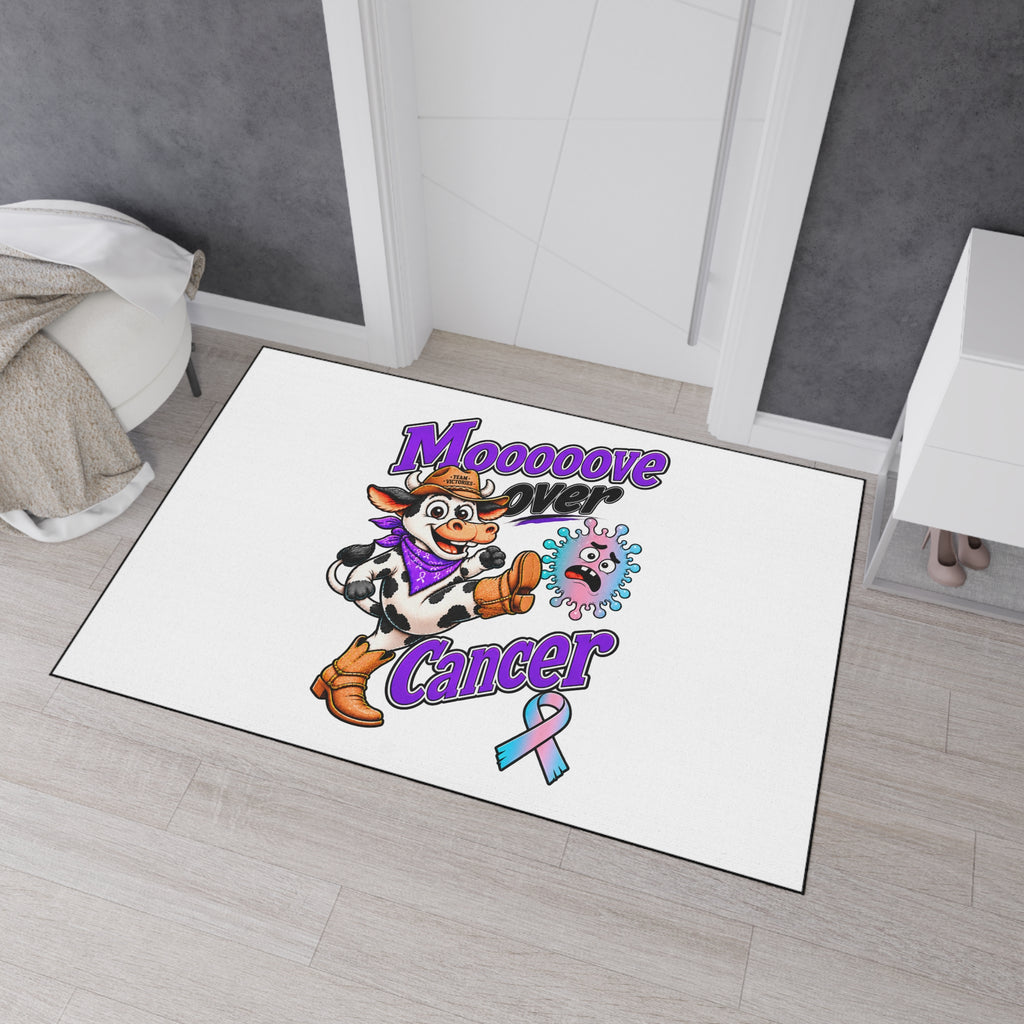 Moooove Over Cancer floor mat displayed near a bedroom doorway