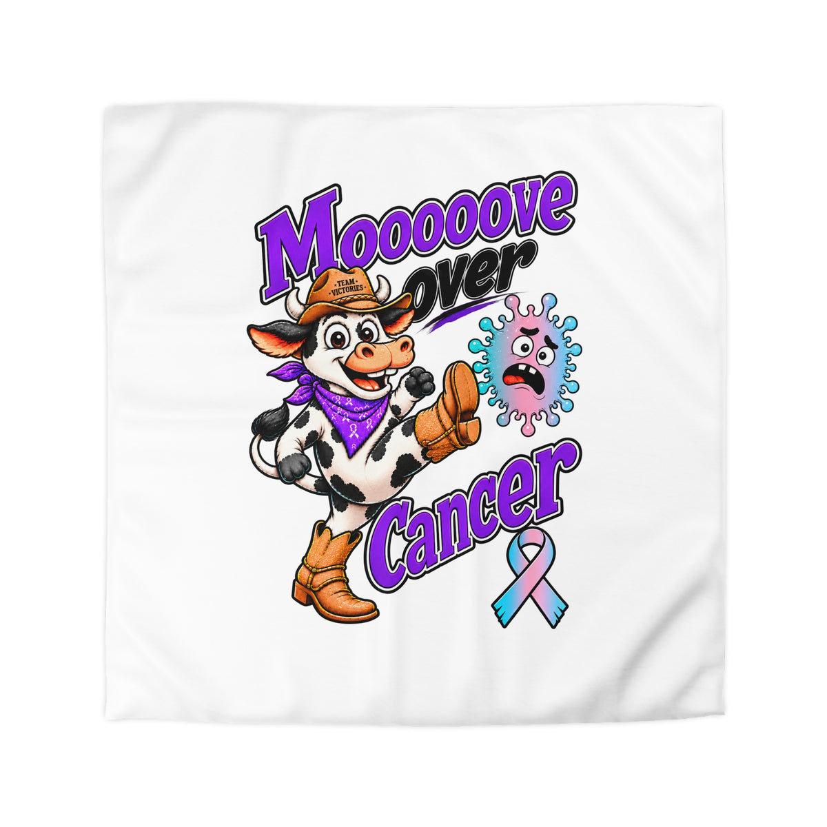 Moooove Over Cancer duvet cover front view with colorful cow design and Thyroid Cancer awareness ribbon