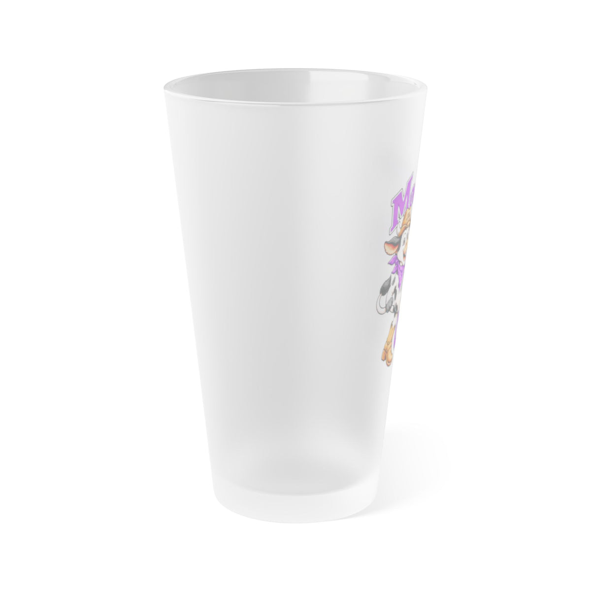 Side view of Moooove Over Cancer 16 oz frosted pint glass showing partial printed artwork