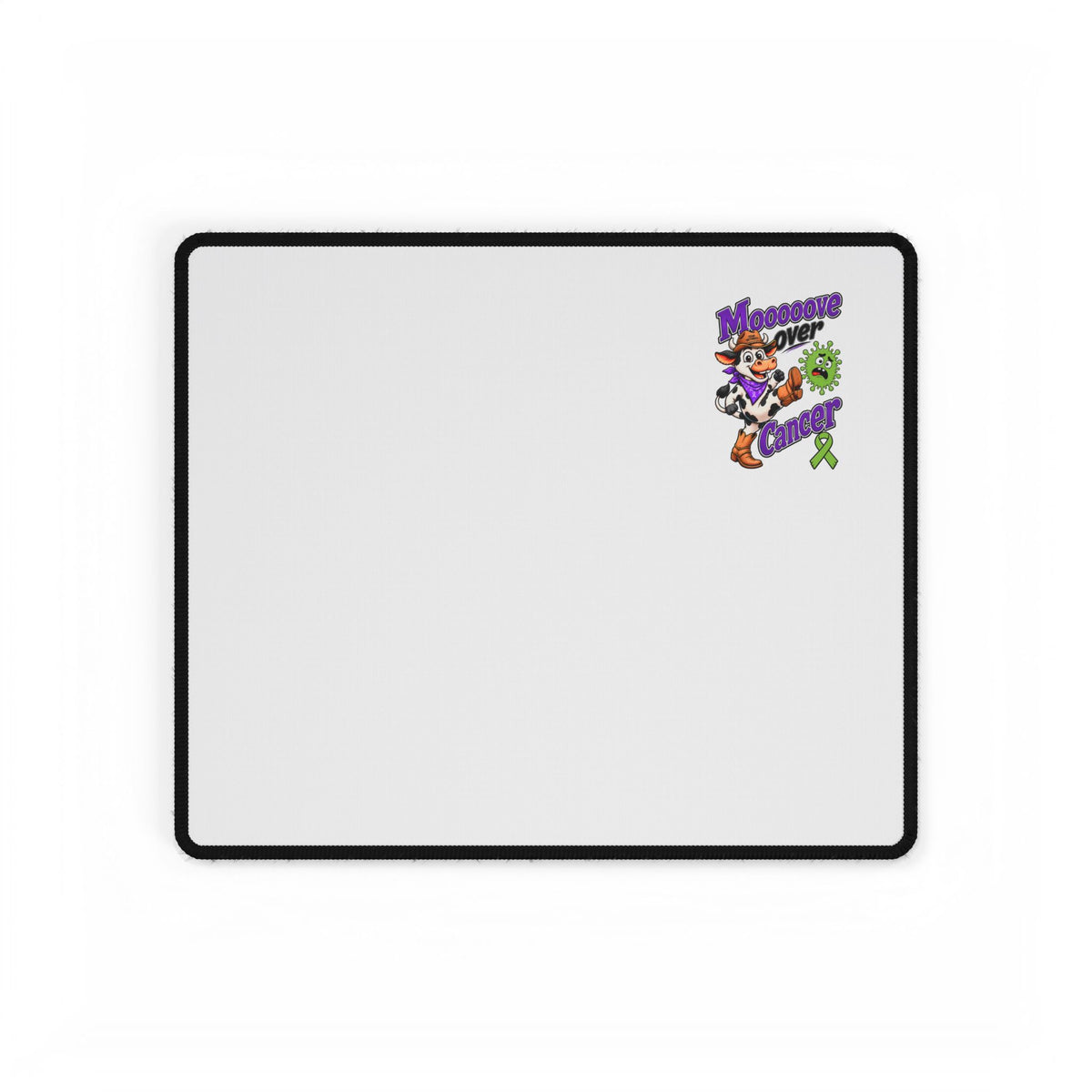 Moooove Over Cancer desk mat with green Non-Hodgkin/Lymphoma Cancer awareness ribbon design