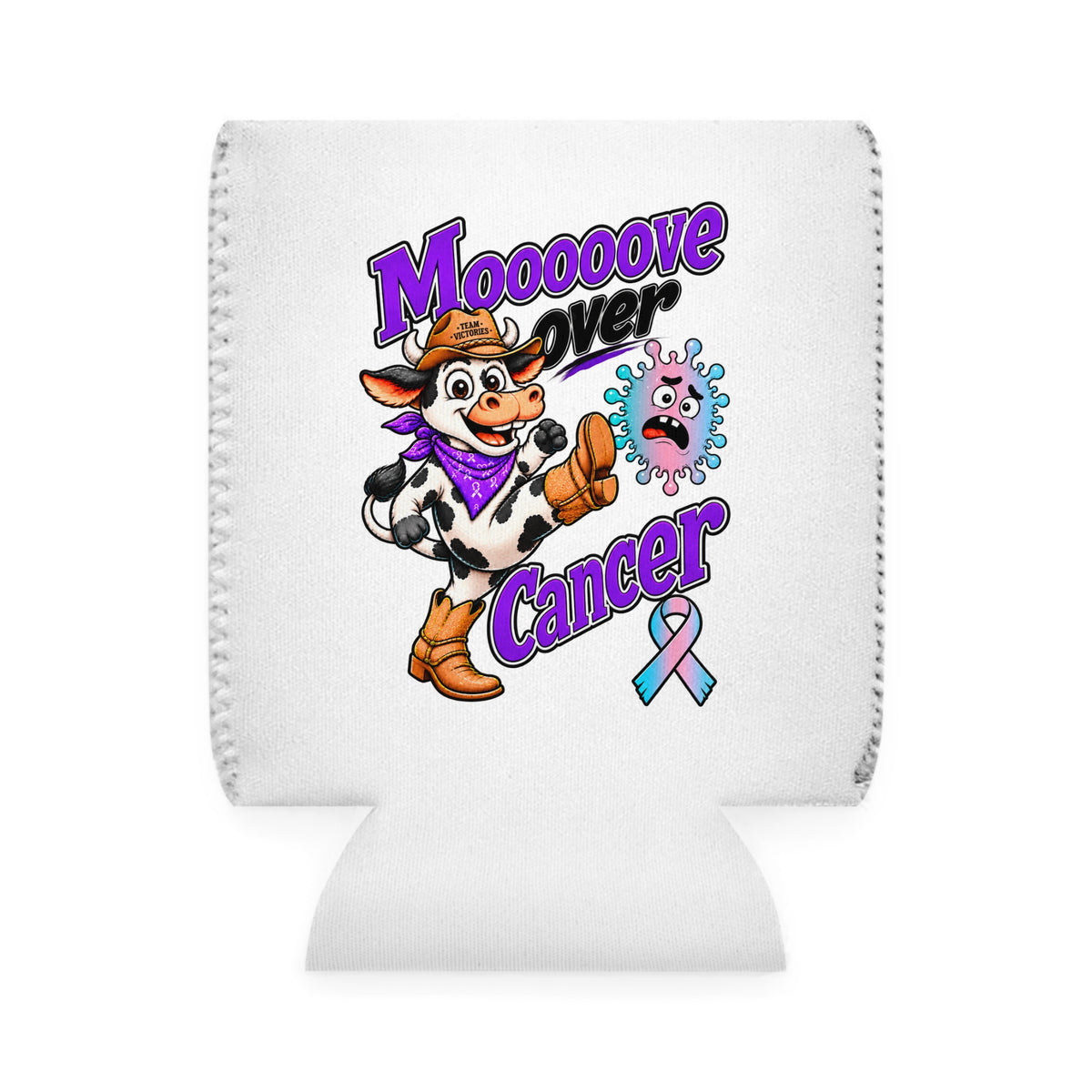 Moooove Over Cancer can cooler sleeve with cow design and Thyroid Cancer awareness ribbon