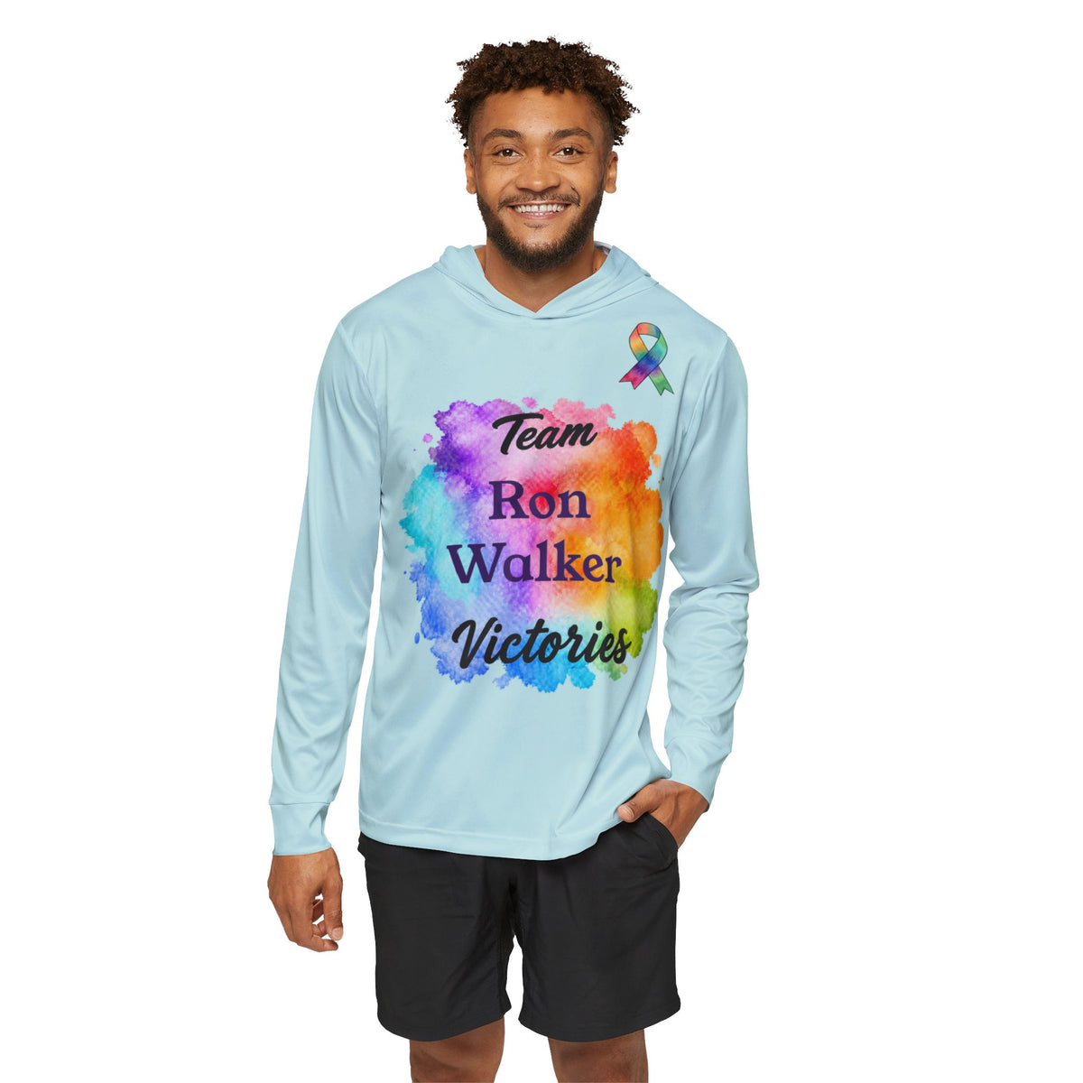 Model wearing a Light Blue Team Victories hoodie with colorful Ron Walker front artwork