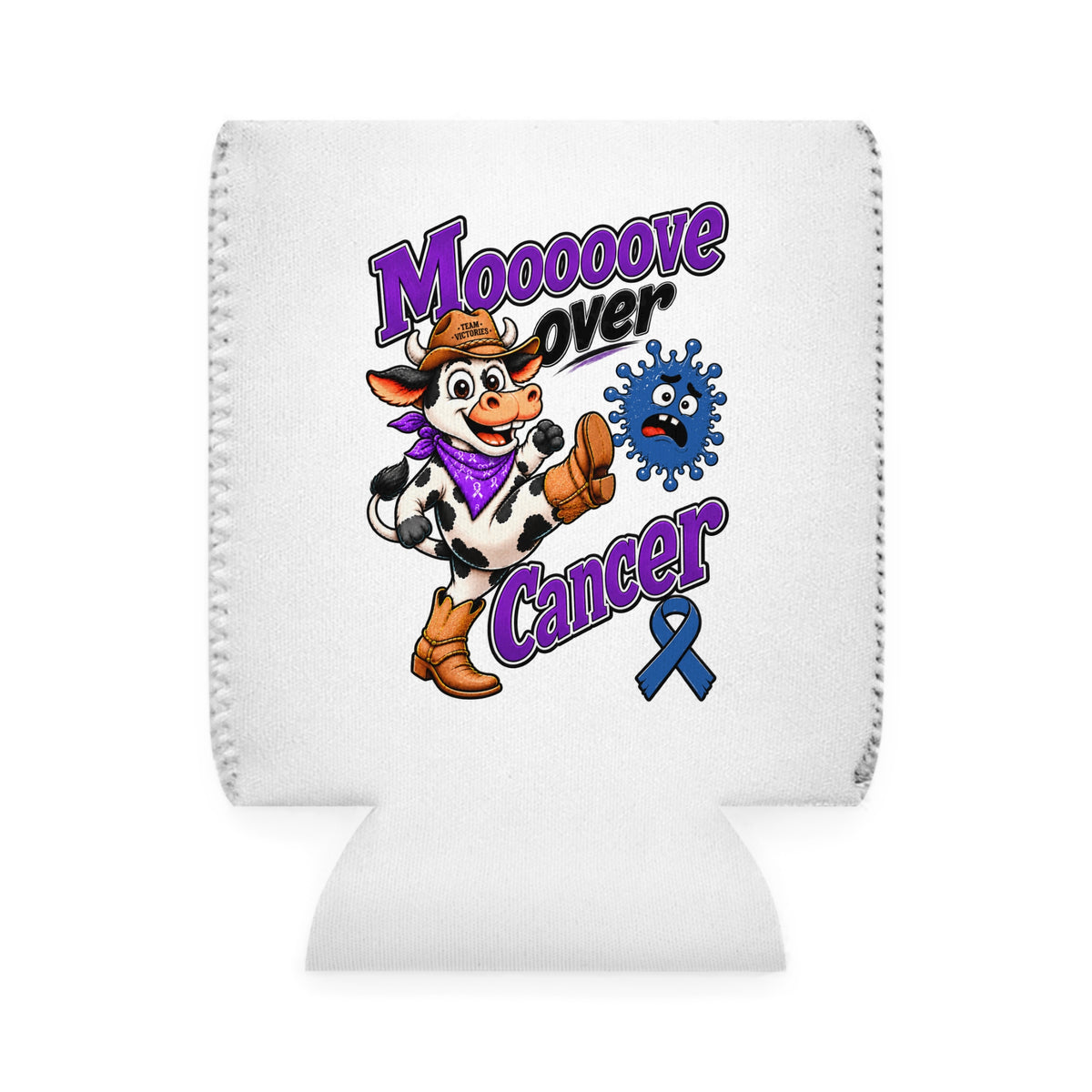 Moooove Over Cancer can cooler sleeve with cow artwork and Colon Cancer awareness ribbon