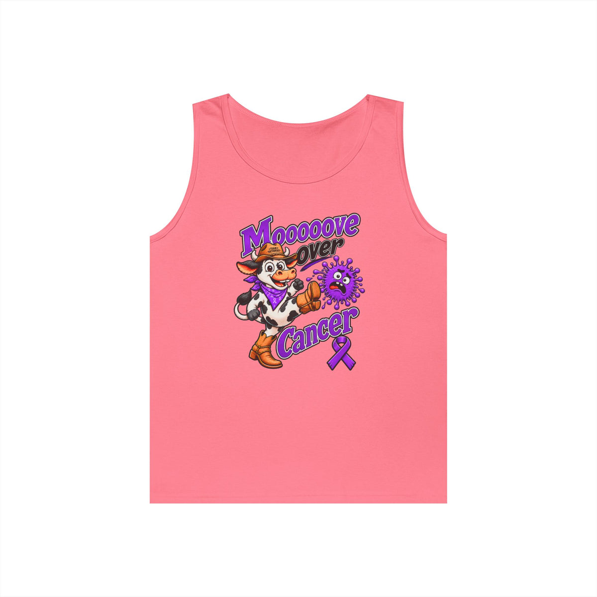 Moooove Over Cancer pink tank top with Pancreatic Cancer awareness ribbon artwork