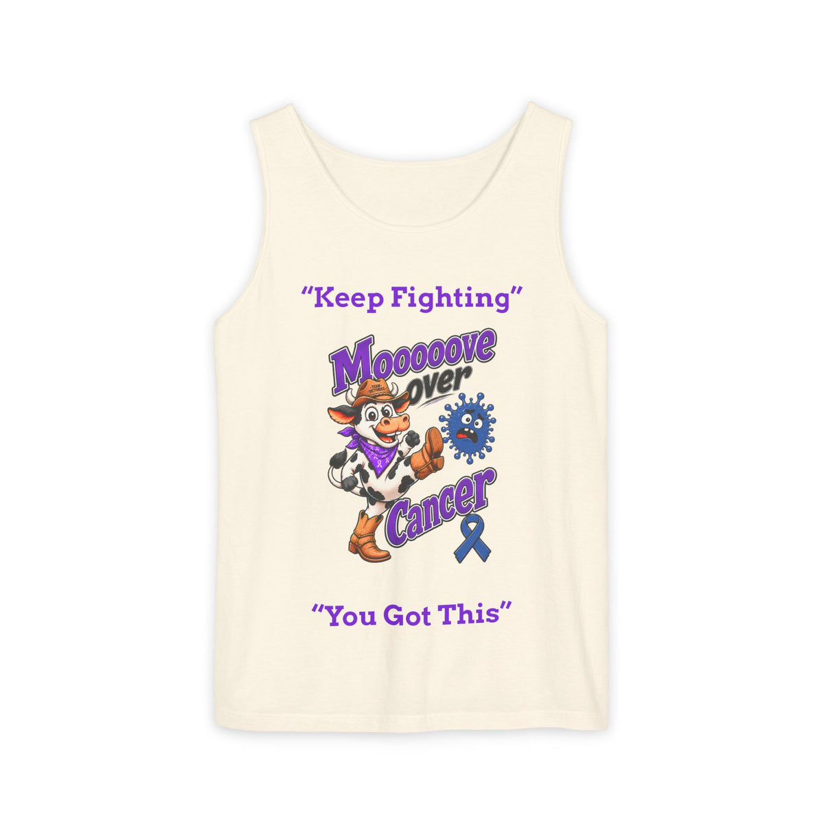Cream Moooove Over Cancer tank top with cow character and Colon Cancer awareness ribbon