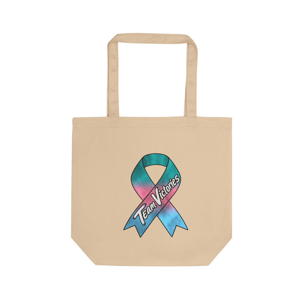 Team Victories awareness ribbon design on a natural cotton tote bag