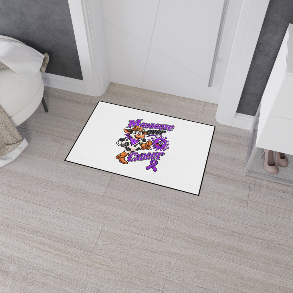 Moooove Over Cancer floor mat near a bedroom entry with supportive cancer artwork
