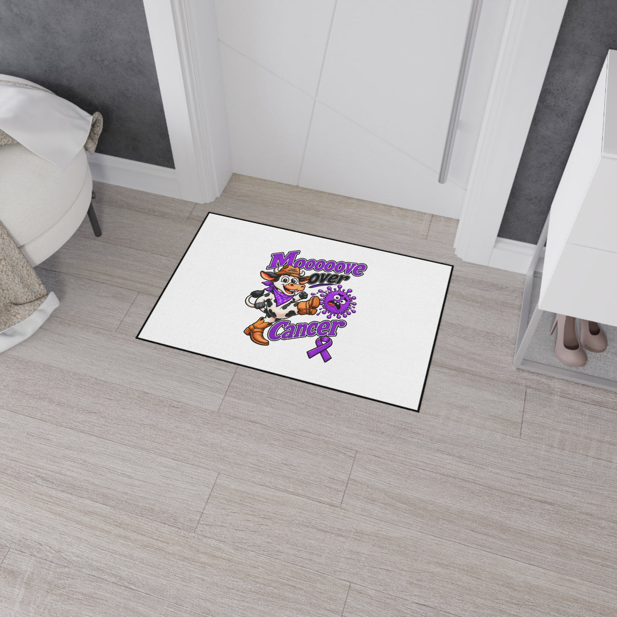 Moooove Over Cancer floor mat near a bedroom entry with supportive cancer artwork